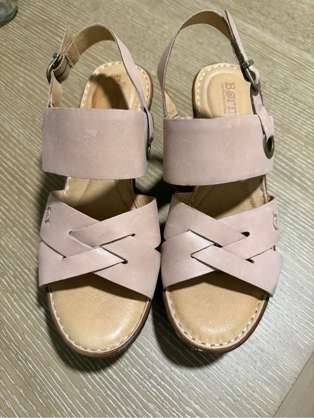 Born Womens Sandal Size 9.5 Blush Beige Leather Slide Wedge Heel Platform